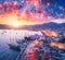 Aerial view of boats and yachts and beautiful city at sunset