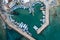 Aerial view of boats and yachts moored in a marina. Drone view from above. Ayia Napa Cyprus