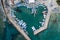 Aerial view of boats and yachts moored in a marina. Drone view from above. Ayia Napa Cyprus