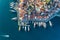 Aerial view of boats, yahts, floating ship and architecture