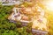 Aerial view of bodhisattva architecture and double sky dragon in Chau Thoi pagoda, Binh Duong province, Vietnam in the afternoon