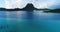 Aerial view of Bora Bora in French Polynesia with cruise ships and Mount Otemanu