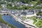 Aerial view Bouillon with pedalos in river Semois, Belgium