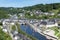 Aerial view Bouillon with pedalos in river Semois, Belgium