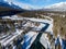 Aerial view of Bow River beautiful scenery in winter. Snowcapped Canadian Rockies mountain range