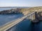 Aerial view of the bridge of the island of Pag, Croatia, roads and Croatian coast. Cliff overlooking the sea