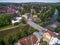 Aerial view of bridge over river Olse between Cieszin and Czech Tesin. Border between Czech republic and Poland.