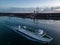 Aerial view of the Bridgeport and Port Jefferson ferry leaving for Connecticut from Long Island, NY