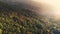 Aerial view bright dawn over green forest on mountains. Yellow sunbeam breaks through jungle and fog