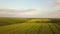 Aerial view of bright green agricultural farm field with growing rapeseed plants.