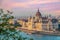 Aerial view of Budapest parliament andt the Danube river at sunset Hungary