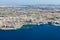 Aerial view of Bugibba town, St. Paul`s Bay in the Northern Region, Malta. Popular tourist resort destination with promenade.