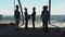 Aerial View Of Builders Team Handshake With Business Man Employer On Construction Site, Meeting Of Group Of Contractors