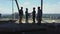 Aerial View Of Builders Team Handshake With Business Man Employer On Construction Site, Meeting Of Group Of Contractors