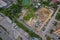 Aerial view of a building construction site at the place of storage of building materials for crushed stone and bricks cement,