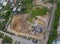 Aerial view of a building construction site at the place of storage of building materials for crushed stone and bricks cement,