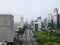 Aerial view of buildings in the city of Jakarta and noise cloud with Jakarta cityscape. Jakarta, Indonesia, May 6, 2021