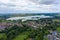 Aerial View of buildings and the mere in the seaside town of Hornsea during Summer of 2019