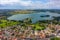 Aerial View of buildings and the mere in the seaside town of Hornsea during Summer of 2019