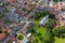 Aerial View of buildings and the mere in the seaside town of Hornsea during Summer of 2019