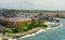 Aerial view of the buildings and resorts along St Anna Bay in Willemstad, Curacao