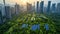 Aerial view of a bustling city with green rooftops and solar arrays, exemplifying urban sustainability