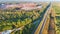 Aerial view of busy american highway with fast moving traffic. Interstate transportation concept