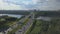 Aerial view of busy road and river. Cityscape.