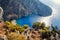 Aerial view of Butterfly valley in Oludeniz. Sunny summer beach landscape top view. Fethiye, Turkey nature landmark