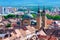 Aerial view of Byzantine style basilica Holy Trinity Cathedral Catedrala Sfanta Treime din Sibiu in bright daylight.