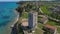 Aerial view of  byzantine tower and beach of village Nea Fokea in Chalkidiki Greece