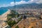 Aerial view from Cableway of beautiful blue Gulf of Antalya and popular seaside resort city Antalya, Turkey