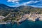 Aerial view of Cadaques Spain. Sea, mountains and beautiful city with white houses.