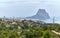 Aerial view Calpe and rocky mountain Penyal d`Ifac Natural Park, Costa Blanca. Spain