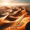 Aerial view of camels in a desert landscape featuring rolling sand dunes