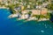 Aerial view of Camogli. Rock coast of Ligurian sea. View from above on boats and yachts. Panorama of the seaside with blue water