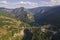 Aerial view of the canyon of the Tara river, mountains and Djurdzhevich bridge, Montenegro, Europe