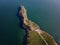 aerial view of Cape Kaliakra, Bulgaria's enchanting headland. Marvel at the majestic cliffs, ancient fortress, and