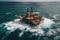 This aerial view captures an offshore oil rig in the vastness of the sea, with its towering structures and machinery