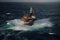 This aerial view captures an offshore oil rig in the vastness of the sea, with its towering structures and machinery