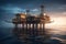 This aerial view captures an offshore oil rig in the vastness of the sea, with its towering structures and machinery