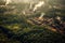 An aerial view capturing an industrial area bordering a once-lush forest, illustrating the encroachment of pollution on natural