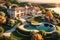 Aerial View Capturing a Luxury Estate During the Golden Hour - Sprawling Manicured Gardens and a Crystal-Clear Reflecting Pool