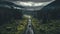 Aerial view of a car in moody forest on a muddy road.