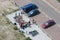 Aerial view at a car park with picnicking people