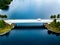 Aerial view Caravan trailer or Camper rv on the bridge over the lake in Finland