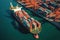 Aerial view of a cargo container ship. Fully loaded container ship against the background of a cargo terminal in a