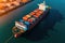 Aerial view of a cargo container ship. Fully loaded container ship against the background of a cargo terminal in a