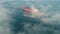 Aerial view of cargo container  ship sails in sea fog, crane vessel working for delivery of delivery containers