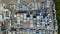 Aerial view of cargo containers piled together.